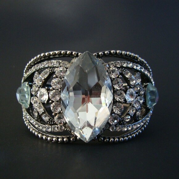 Vintage Silver Tone Clear Crystal Gemstone Hinged Cuff Bracelet - Picture 1 of 6